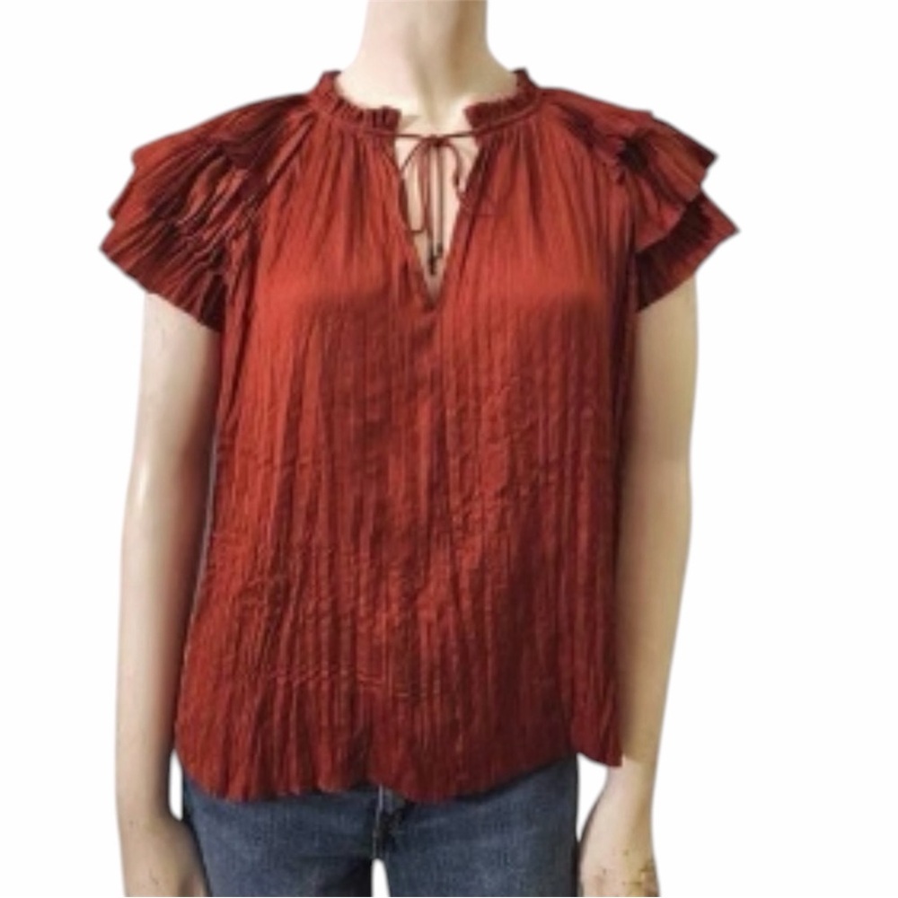 Ulla Johnson Silk Ruffle Cap Sleeve Tie Neck Blouse Rust Terracotta Peasant Top